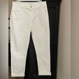 Loft white denim Girlfriend Curvy fit crop jeans.